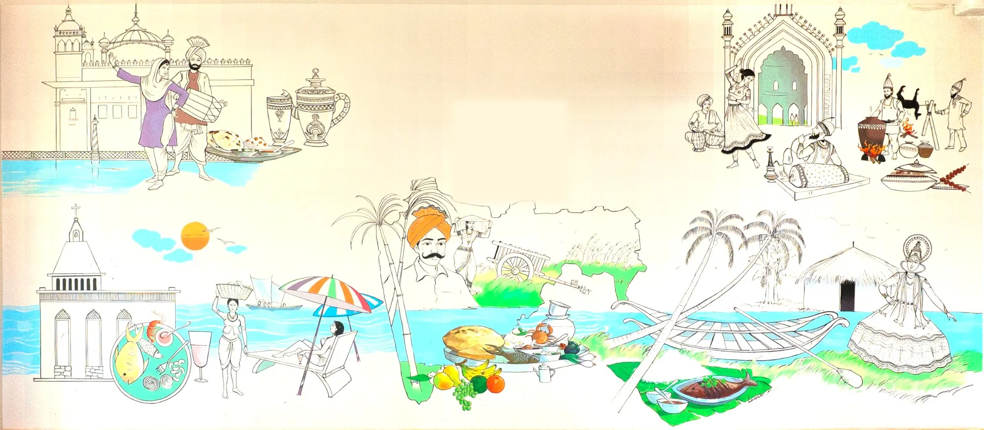 The Bharat Fine Dine wall mural: Punjab, Awadh, Maharashtra, Goa and Kerala
